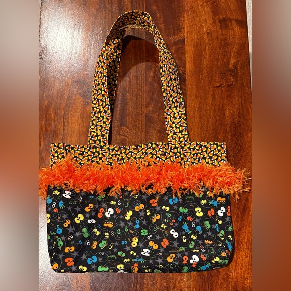 Halloween Colorful Tote Bag with Orange Fringe Candy Corn & Scary Eyes 11x9x2.5 - Picture 1 of 4